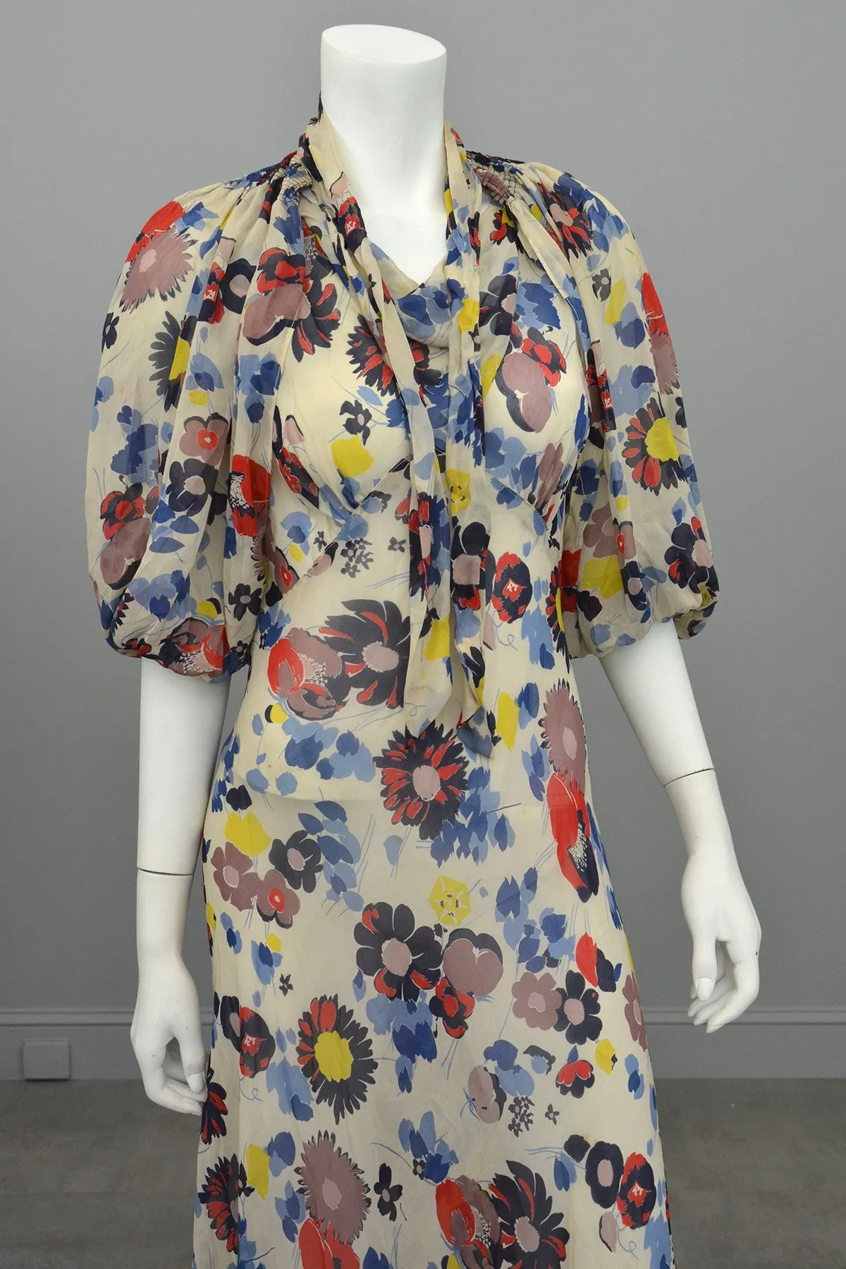 1930s Floral Print Silk Chiffon Vintage Gown and Butterfly Wing Shrug / Bolero