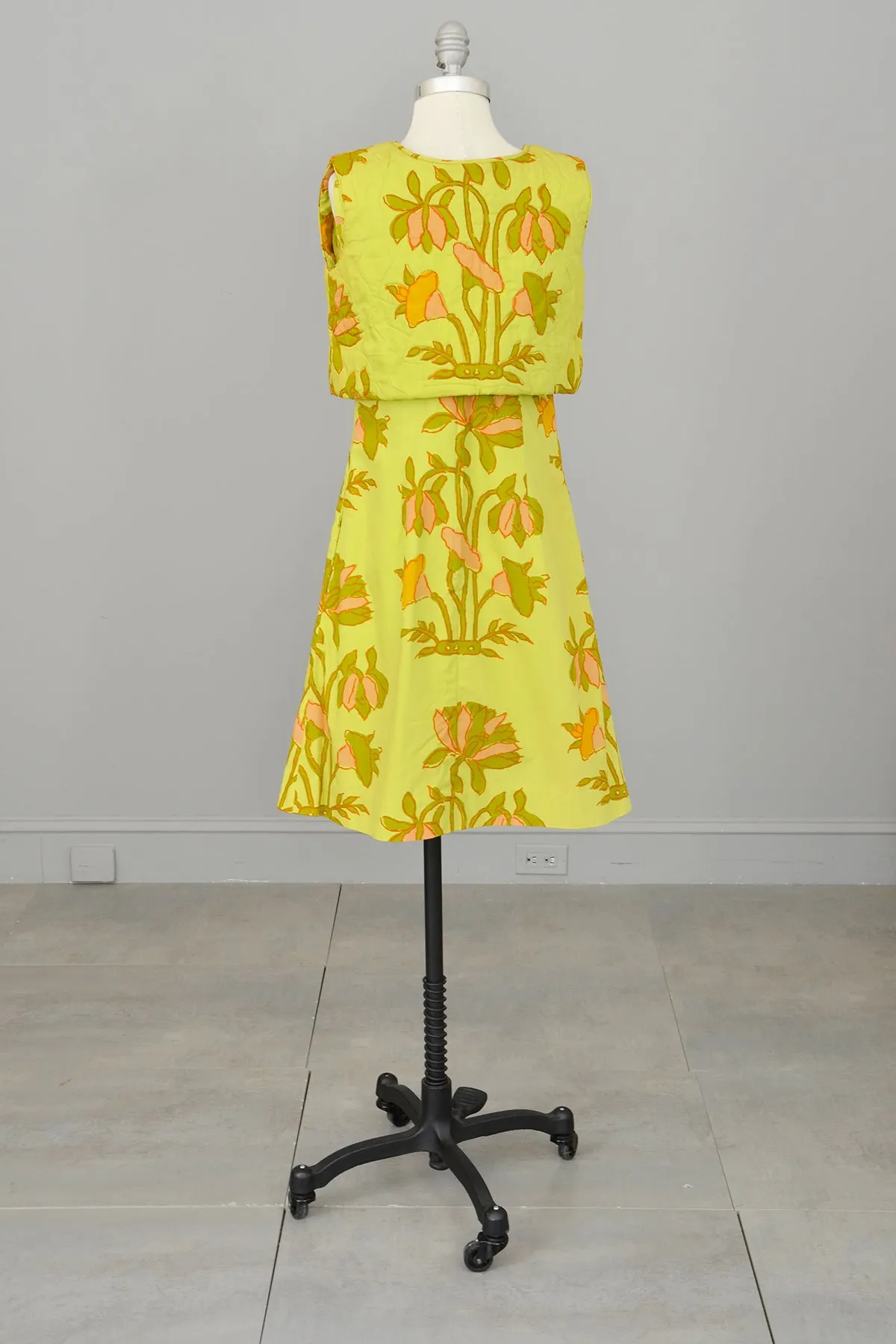 1960s Chartreuse Op Art Tropical Floral Print A-Line Mini Dress and Quilted Cropped Vest | Design Thai Bangkok | 1960s Mini Dress