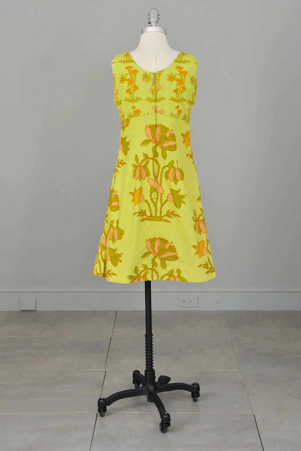 1960s Chartreuse Op Art Tropical Floral Print A-Line Mini Dress and Quilted Cropped Vest | Design Thai Bangkok | 1960s Mini Dress