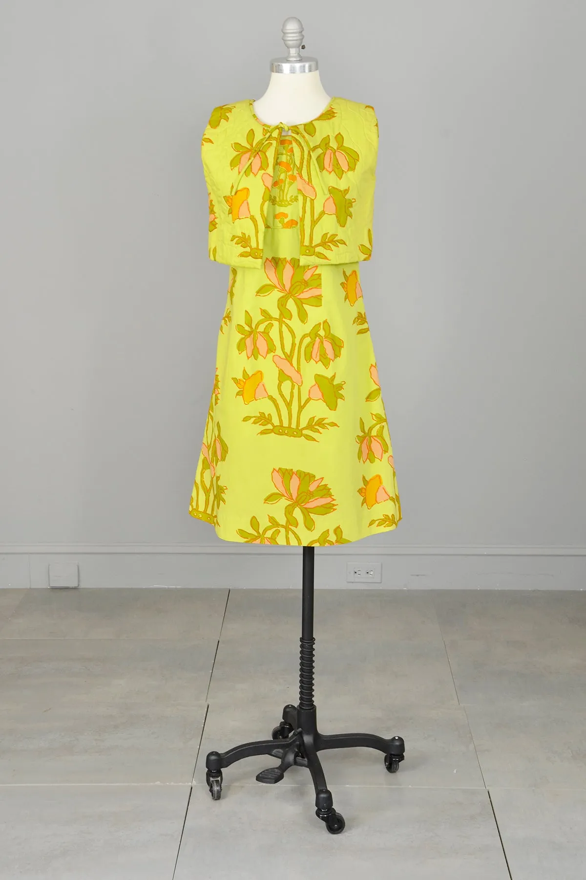 1960s Chartreuse Op Art Tropical Floral Print A-Line Mini Dress and Quilted Cropped Vest | Design Thai Bangkok | 1960s Mini Dress