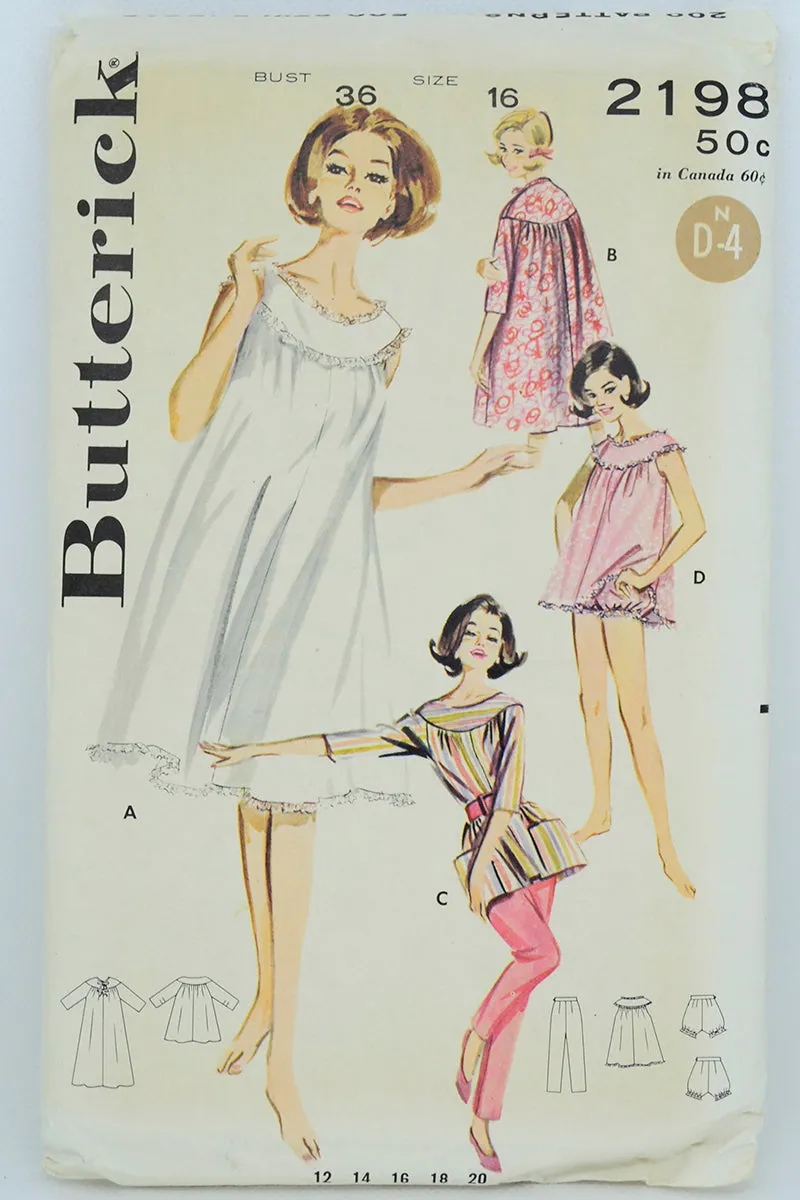 1962 Vintage Butterick 2198 Lingerie Pattern for PJs Babydoll Nightgown & Bloomers