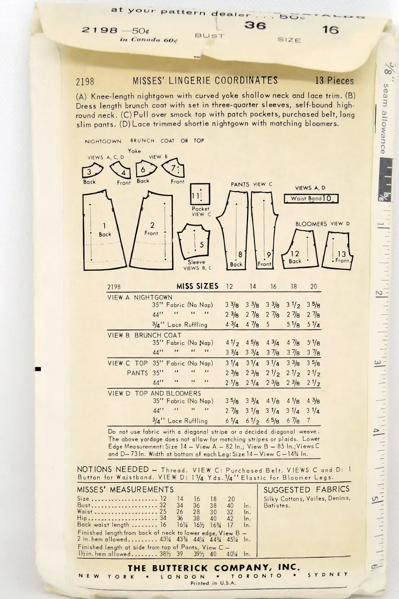 1962 Vintage Butterick 2198 Lingerie Pattern for PJs Babydoll Nightgown & Bloomers