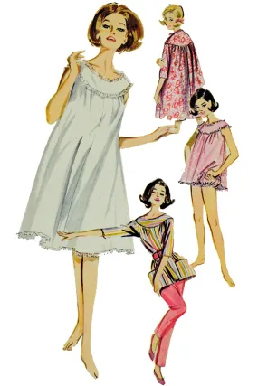 1962 Vintage Butterick 2198 Lingerie Pattern for PJs Babydoll Nightgown & Bloomers