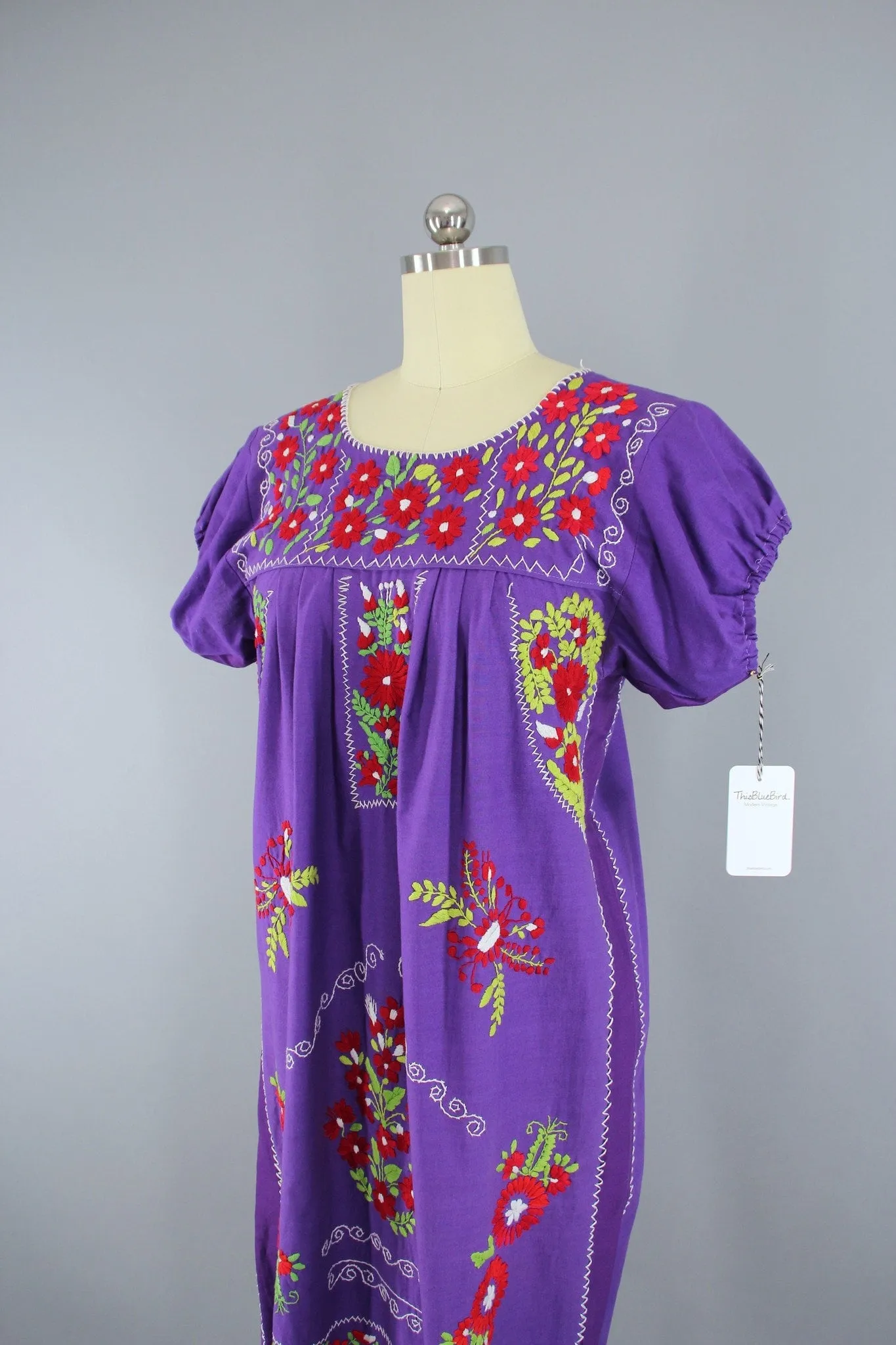 1970s Vintage Purple Mexican Oaxacan Embroidered Huipil Caftan Dress