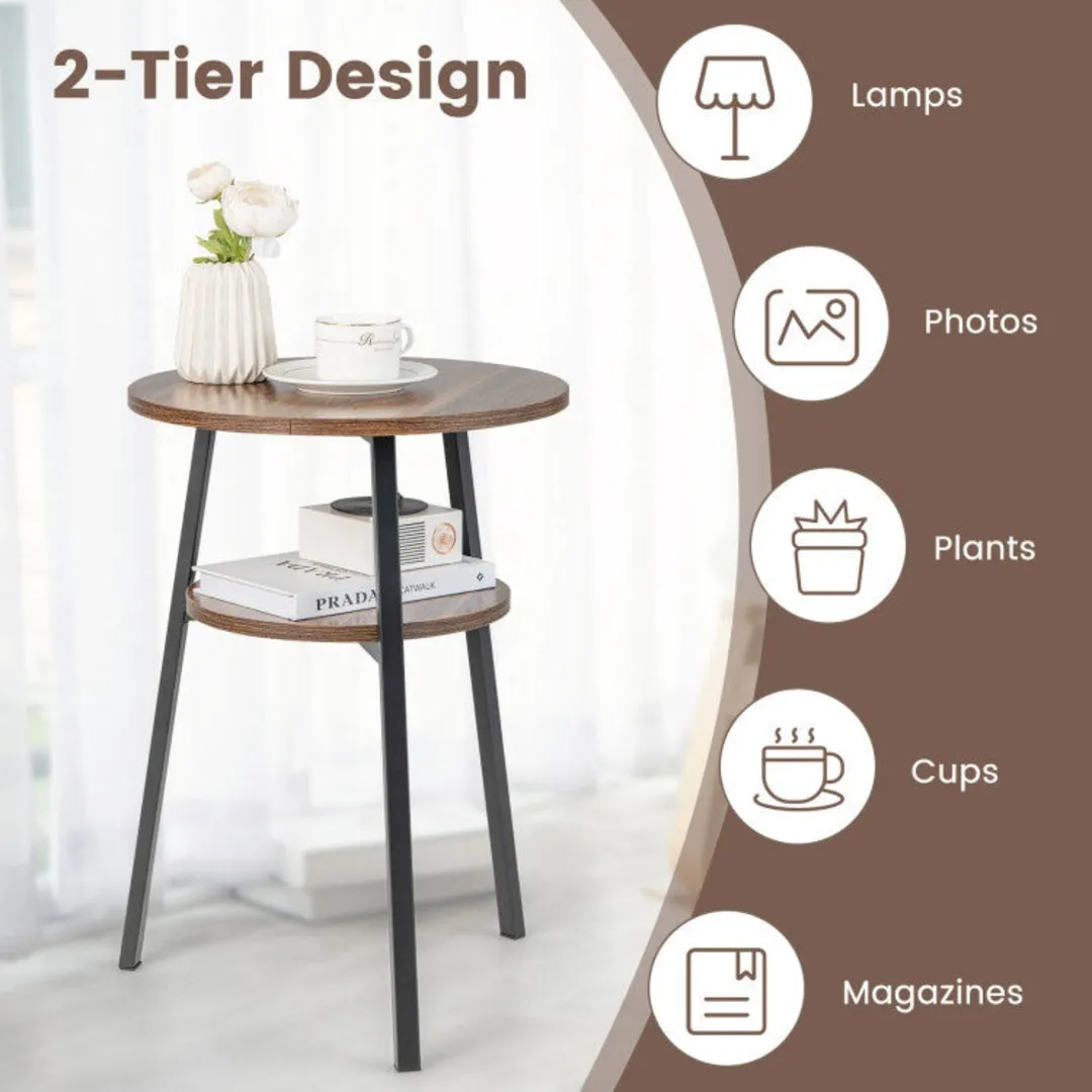 2-Tier Round End Table with Open Shelf and Triangular Metal Frame