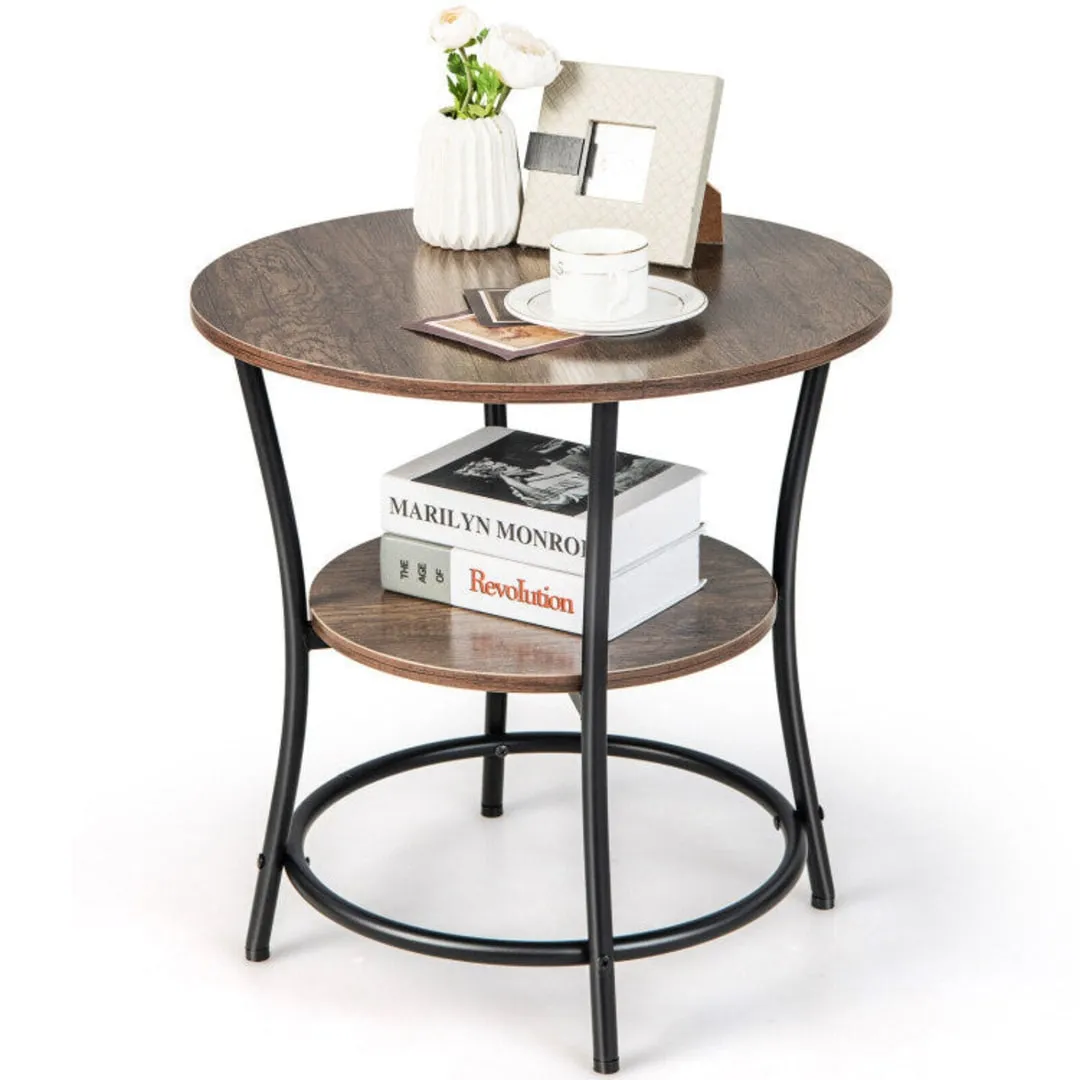 2-Tier Round End Table with Open Storage Shelf and Sturdy Metal Frame