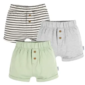 3-Pack Baby Neutral Black Stripe, Light Grey Heather, & Green Knit Shorts