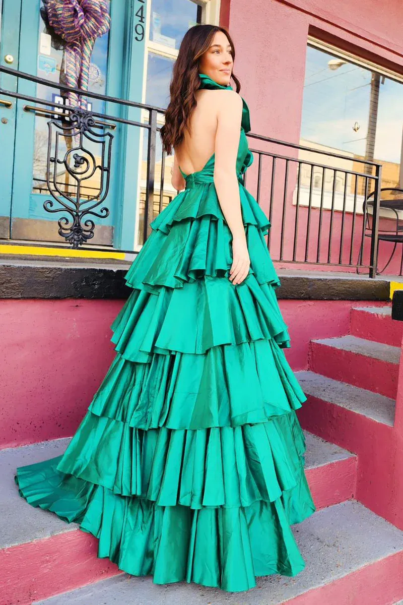 A-Line Halter Green Ruffle Satin Long Prom Dresses,BD93317