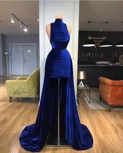 A line royal blue high low velvet prom dress high neckline evening formal party,BD930711