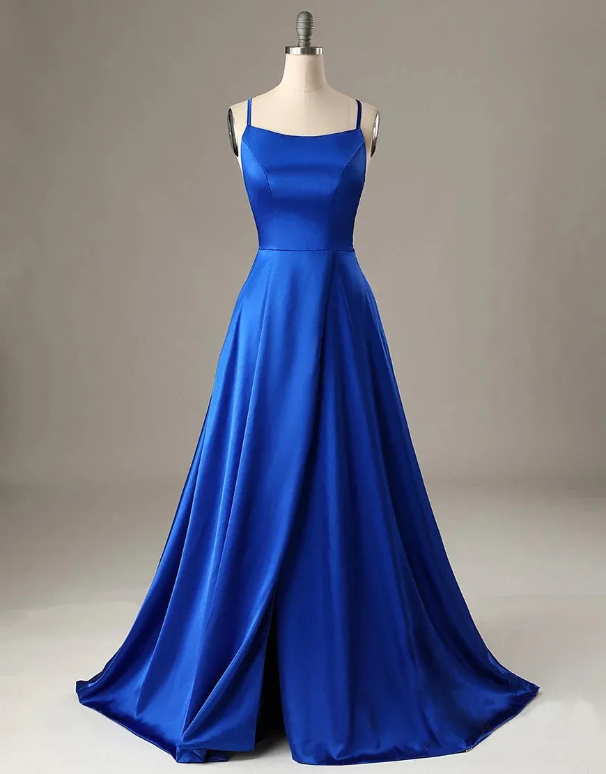 A-Line Royal Blue Prom Dresses Side Split Evening Dresses,BD930677