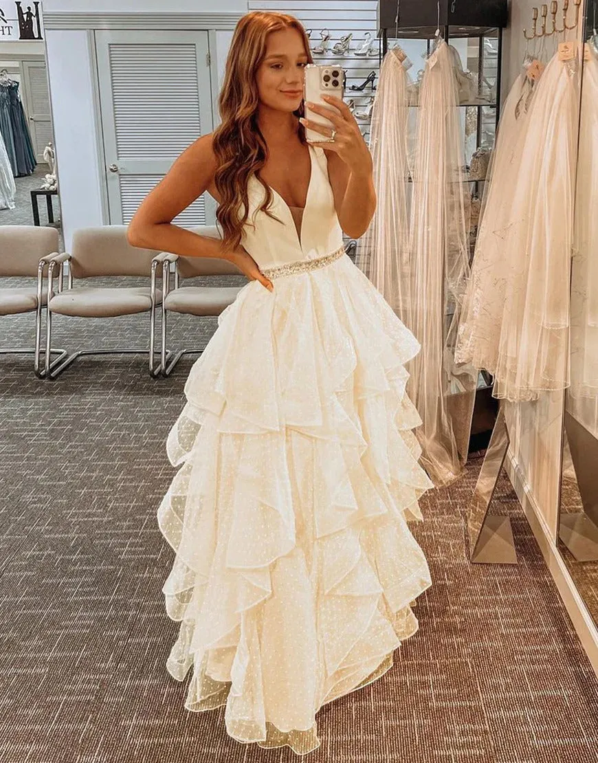 A-Line Tiered Ruffles Light Yellow Tulle Prom Dresses,BD930661