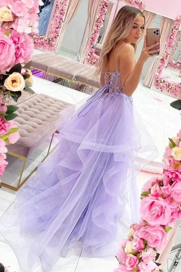 A-line V-neck Lilac Tulle Lace Appliques Long Prom Dresses, Evening Dresses,BD930718