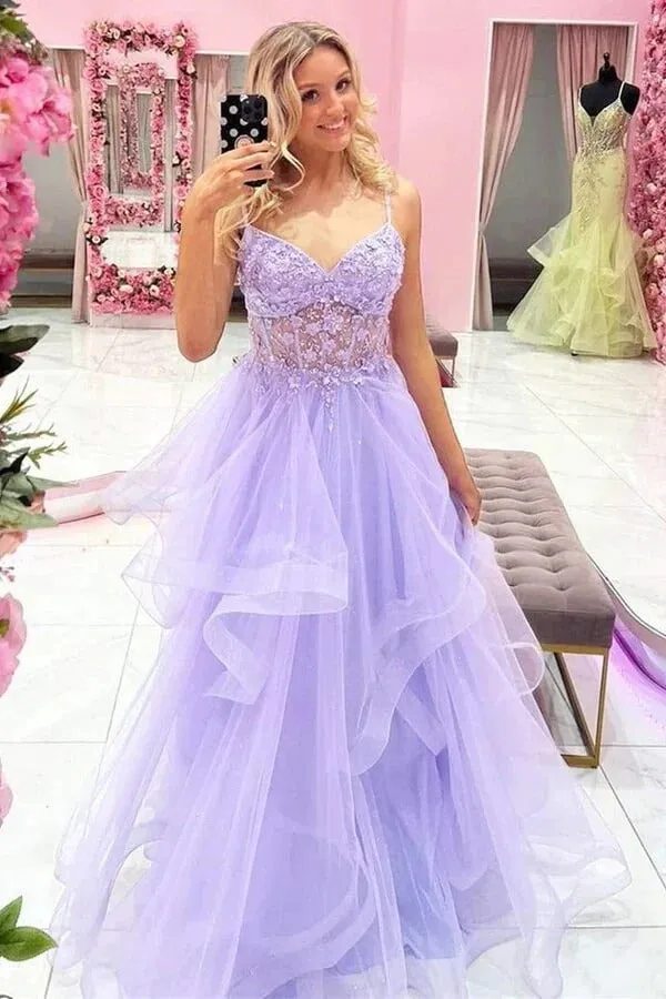 A-line V-neck Lilac Tulle Lace Appliques Long Prom Dresses, Evening Dresses,BD930718