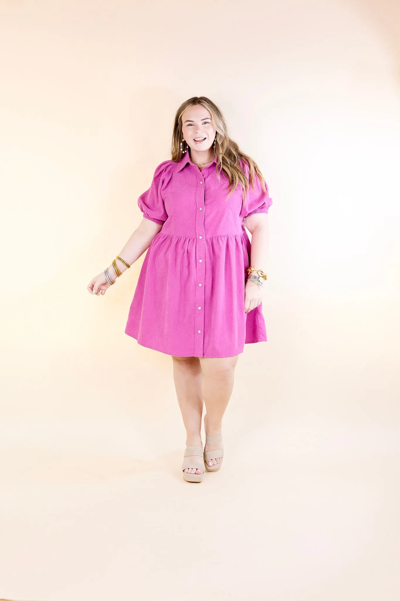 Adventures Ahead Button Up Corduroy Babydoll Dress in Magenta Pink Purple