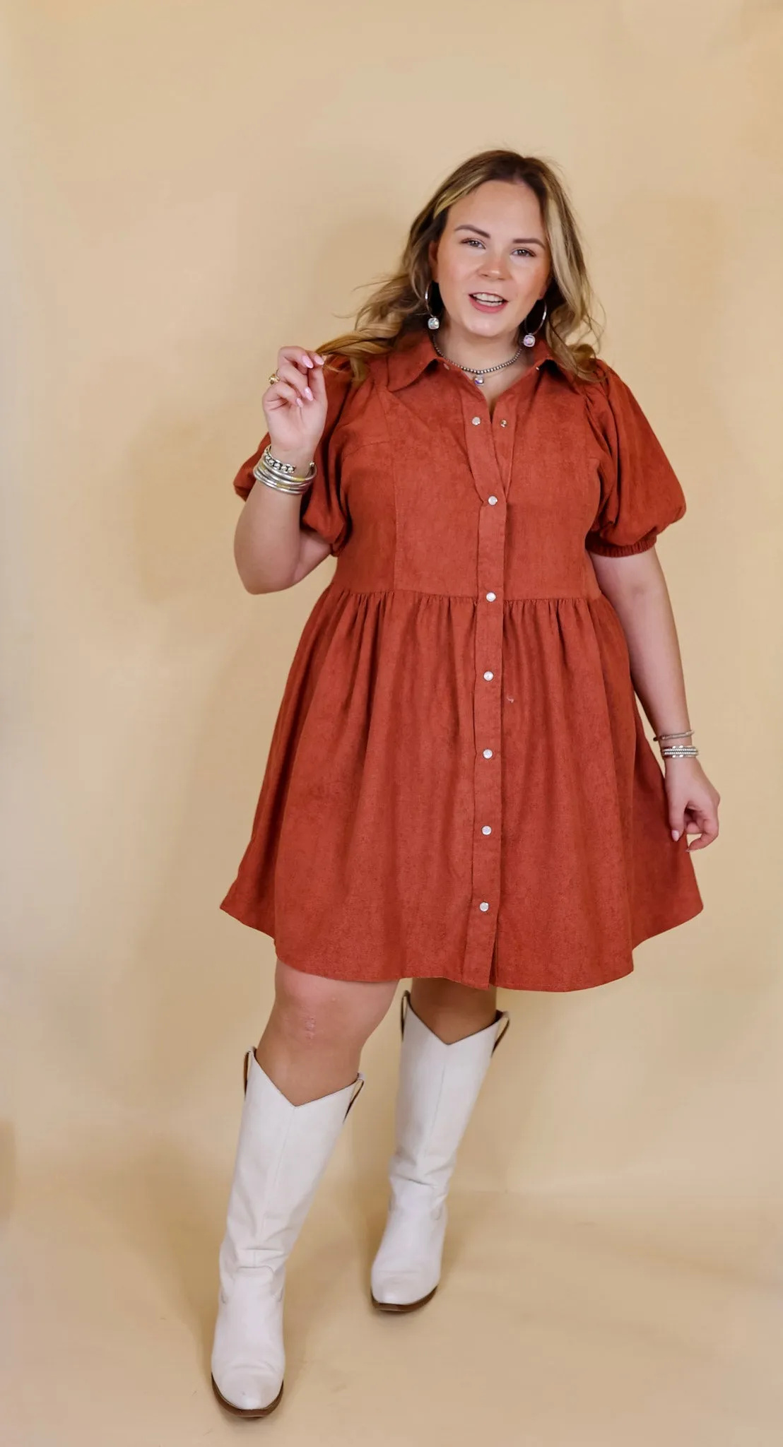 Adventures Ahead Button Up Corduroy Babydoll Dress in Terracotta