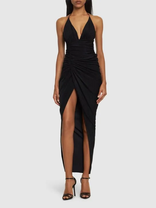 Alexandre Vauthier   Lurex halterneck side drape long dress 