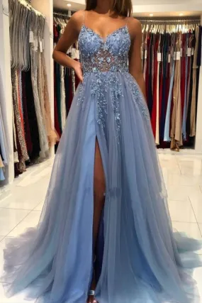 Appliques Breath-taking Sleeveless Tulle Ocean Blue Split Prom Dresses,BD2988