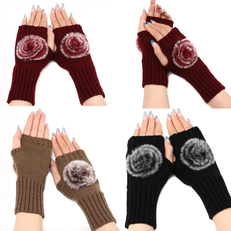 Autumn And Winter Women Fingerless Fur Ball Gloves Knitted Wool Warm Sleeves(Black)