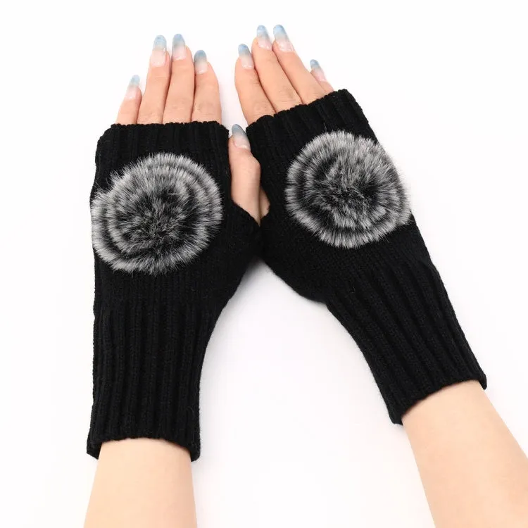 Autumn And Winter Women Fingerless Fur Ball Gloves Knitted Wool Warm Sleeves(Black)