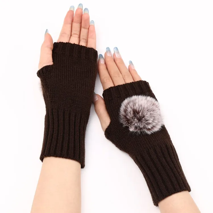 Autumn And Winter Women Fingerless Fur Ball Gloves Knitted Wool Warm Sleeves(Coffee)