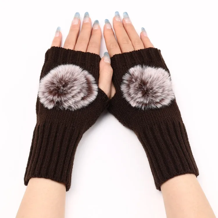 Autumn And Winter Women Fingerless Fur Ball Gloves Knitted Wool Warm Sleeves(Coffee)