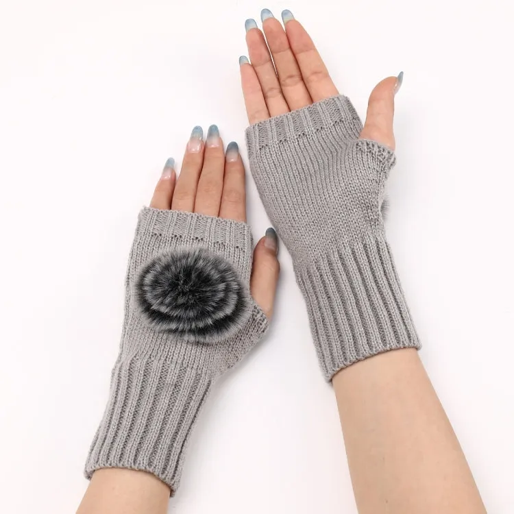 Autumn And Winter Women Fingerless Fur Ball Gloves Knitted Wool Warm Sleeves(Light Grey)