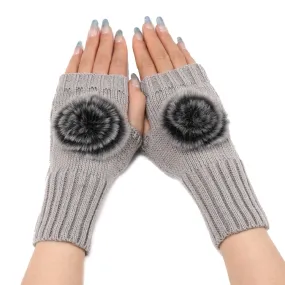 Autumn And Winter Women Fingerless Fur Ball Gloves Knitted Wool Warm Sleeves(Light Grey)