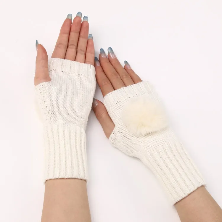 Autumn And Winter Women Fingerless Fur Ball Gloves Knitted Wool Warm Sleeves(White)