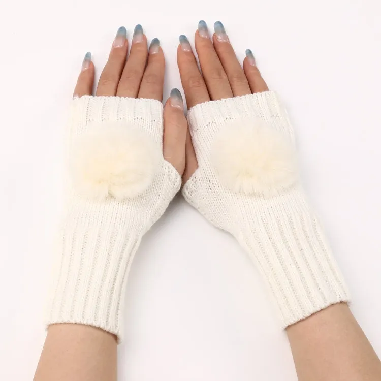 Autumn And Winter Women Fingerless Fur Ball Gloves Knitted Wool Warm Sleeves(White)