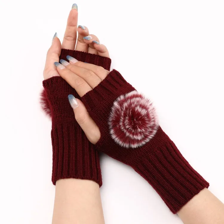 Autumn And Winter Women Fingerless Fur Ball Gloves Knitted Wool Warm Sleeves(Wine Red)