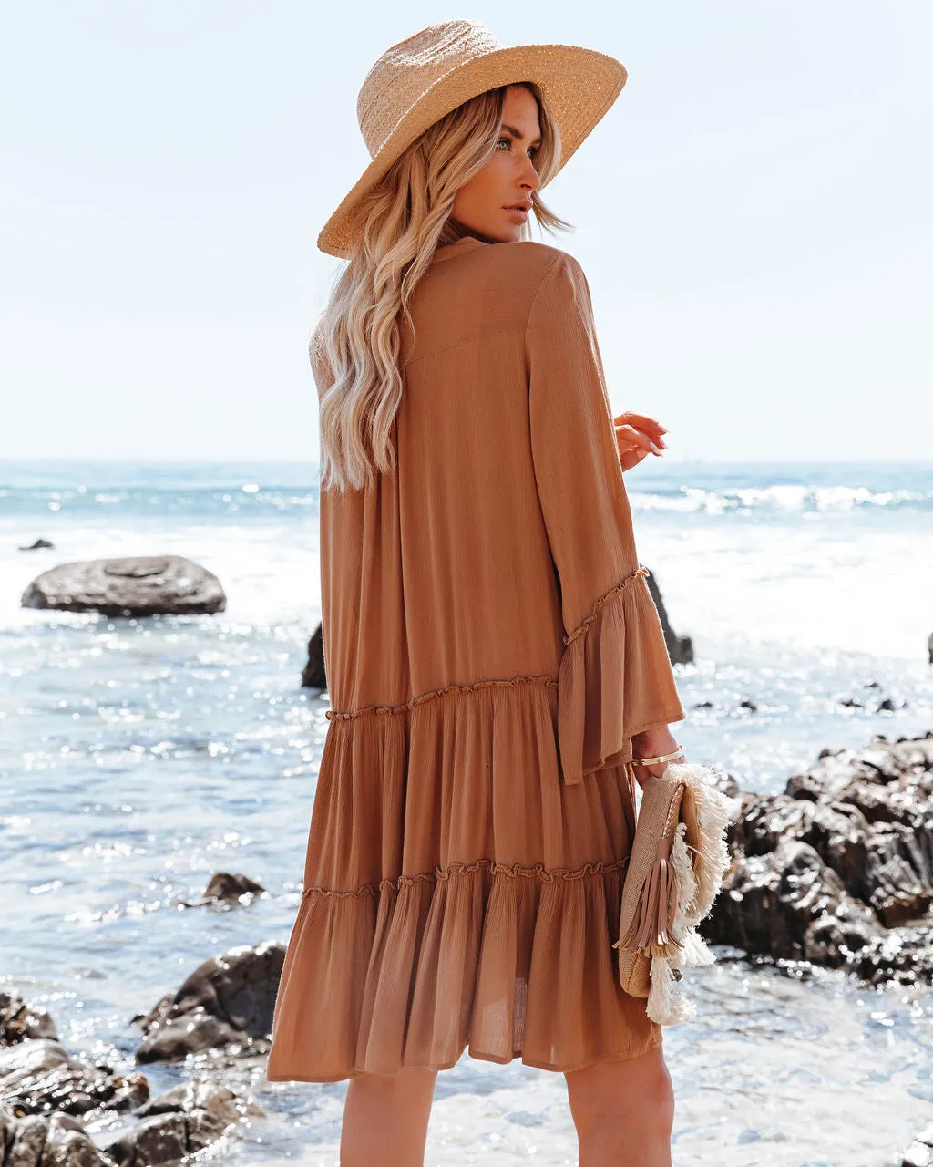 Barefoot On The Beach Pocketed Tiered Tunic - Caramel