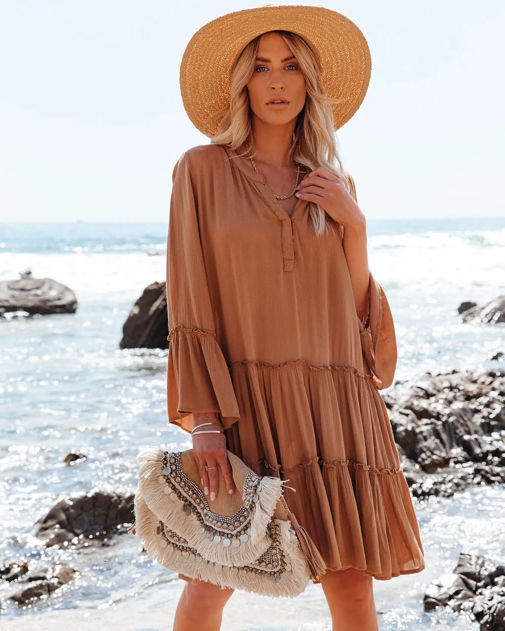 Barefoot On The Beach Pocketed Tiered Tunic - Caramel