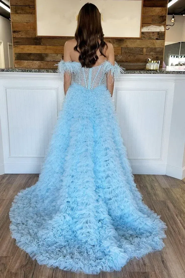 Beaded Feather Long Off-the-Shoulder Tiered Prom Dresses,BD93108