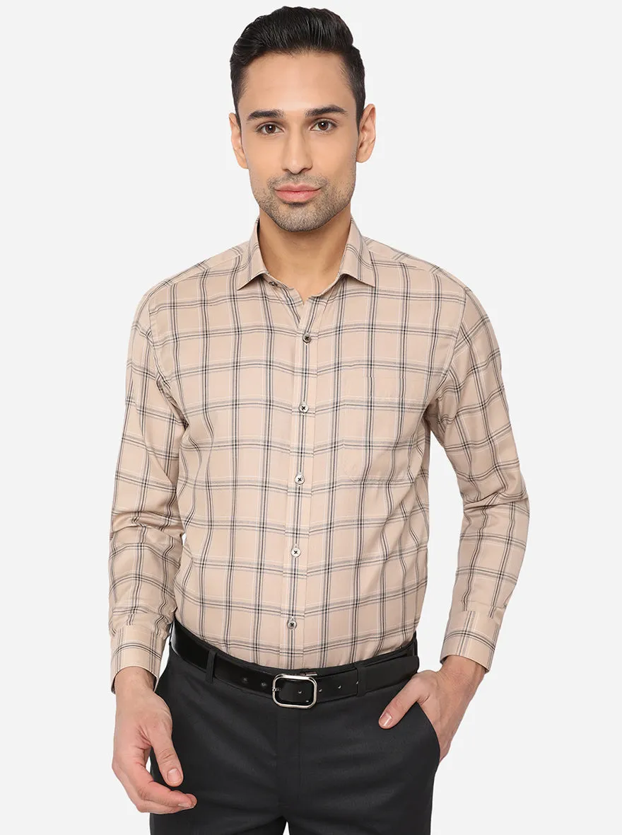 Beige Checked Slim Fit Formal Shirt | Greenfibre