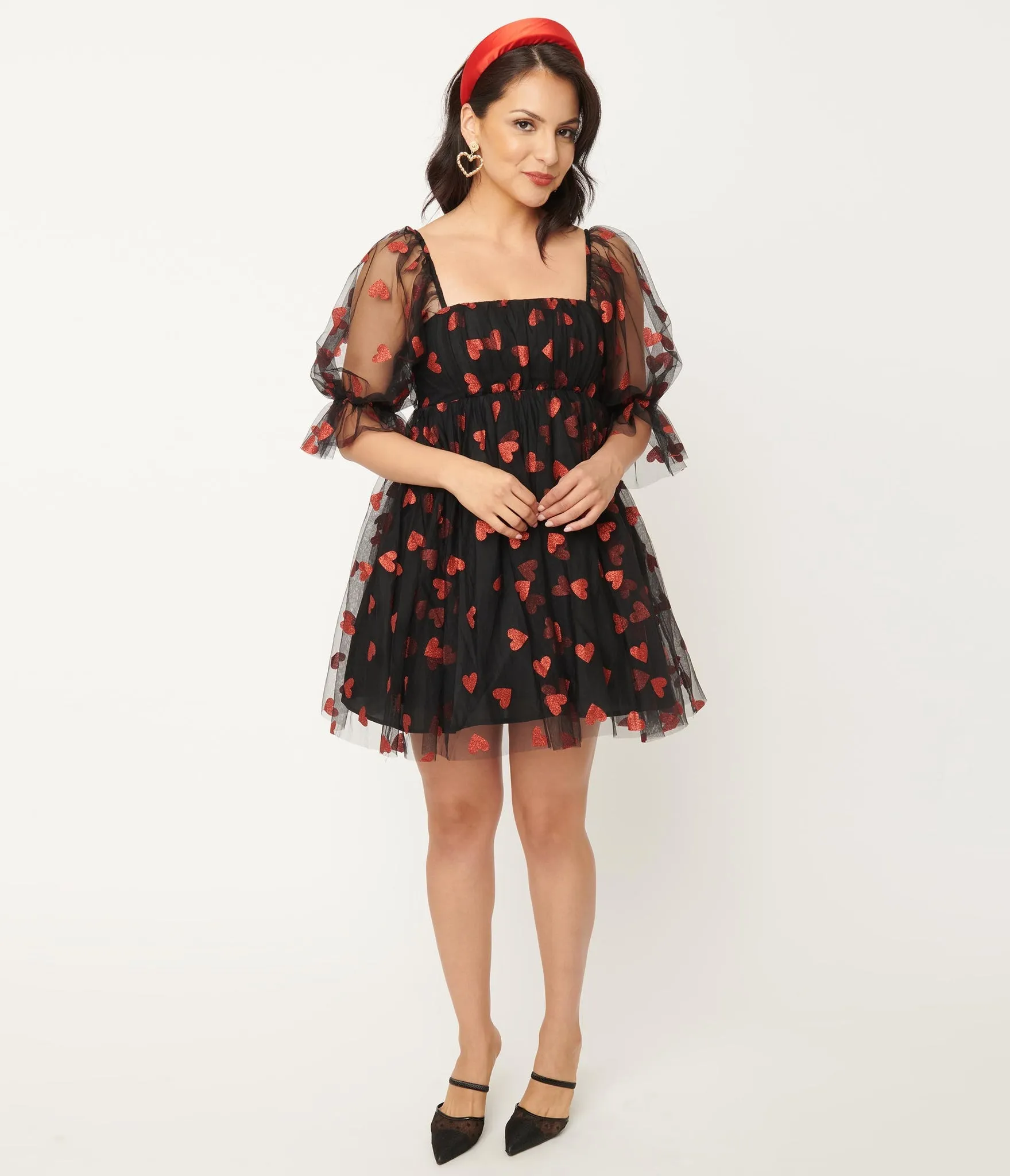 Black and Red Glitter Hearts Love Interest Babydoll Dress