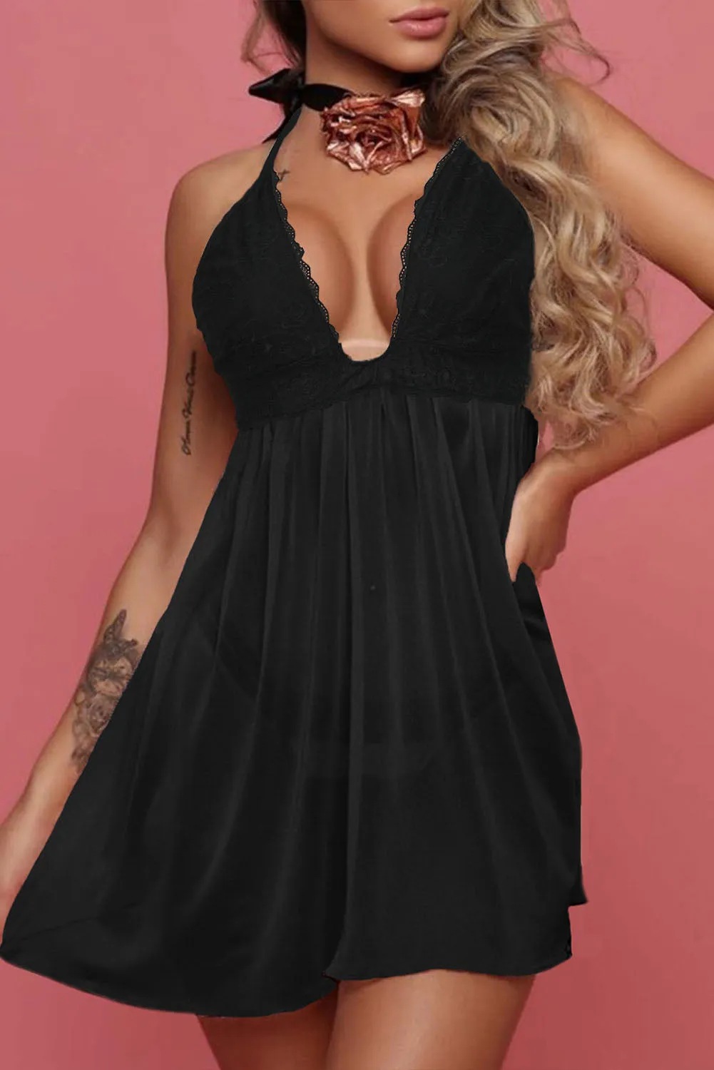 Black Deep Neck Lace Cups Tulle Babydoll