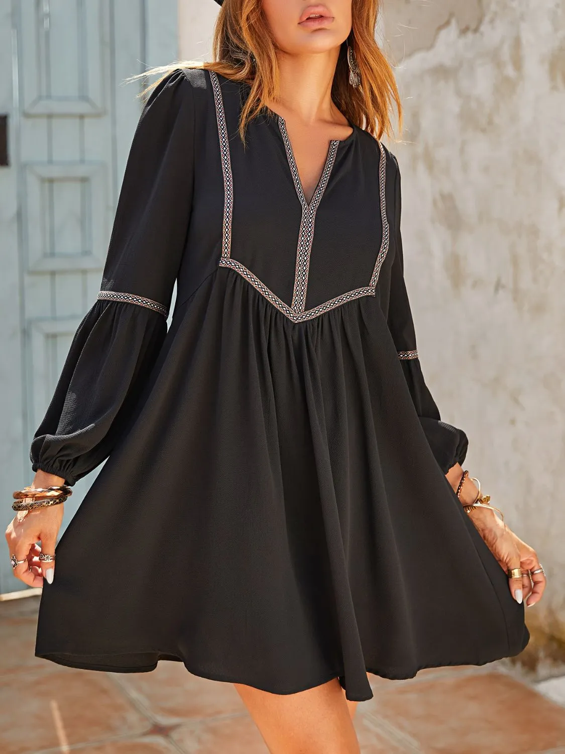 Black Long Sleeve Babydoll Mini Dress