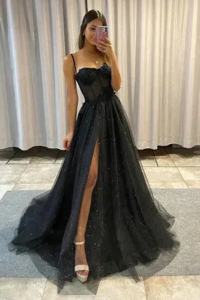 Black Tulle Sweetheart A-line Spaghetti Straps Prom Dresses,BD930779