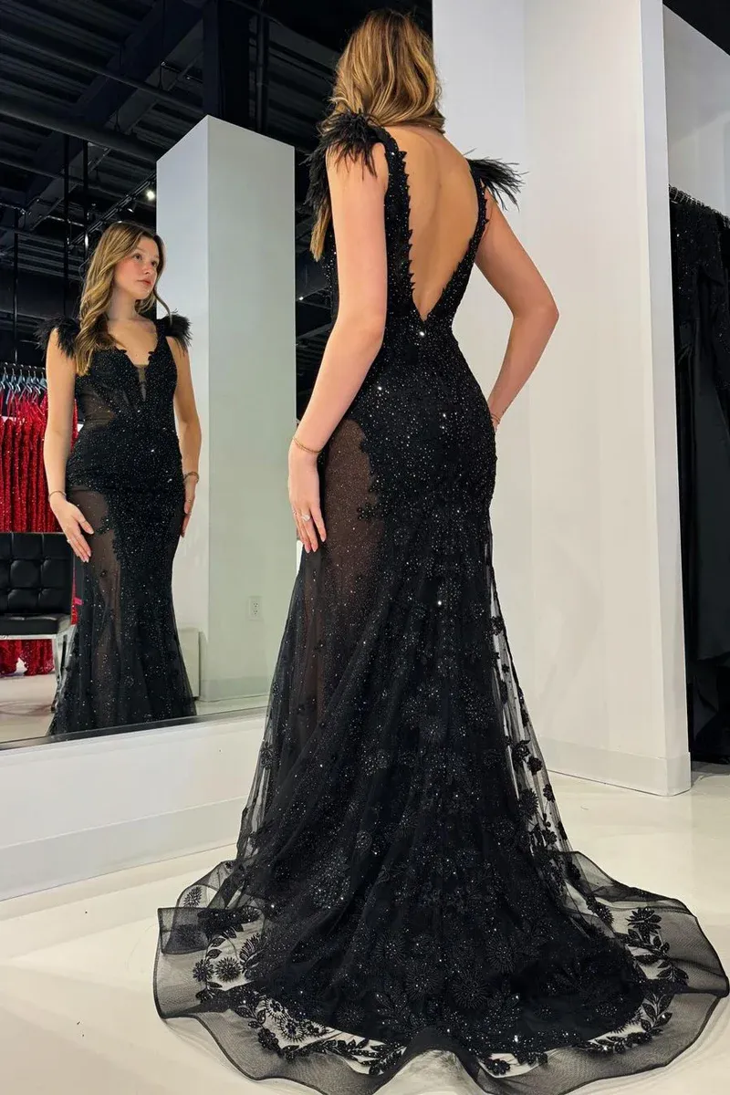 Black V Neck Sequin Lace Mermaid Long Prom Dresses,BD93313