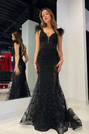 Black V Neck Sequin Lace Mermaid Long Prom Dresses,BD93313