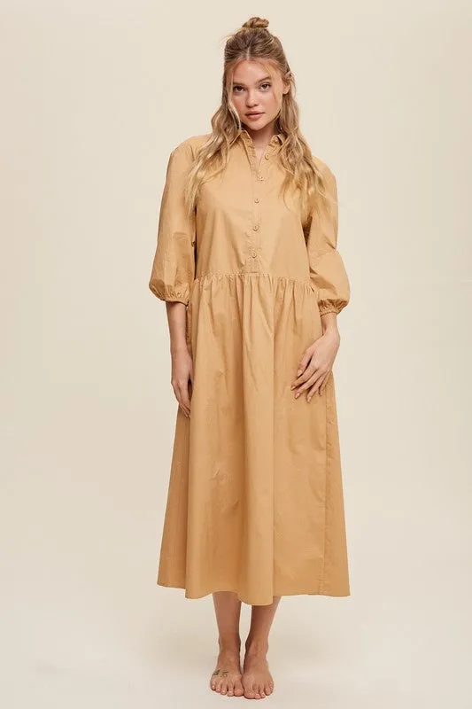 Button Front Puff Sleeve Babydoll Maxi Dress