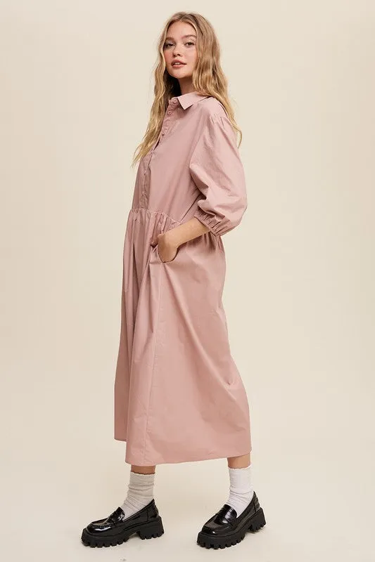 Button Front Puff Sleeve Babydoll Maxi Dress