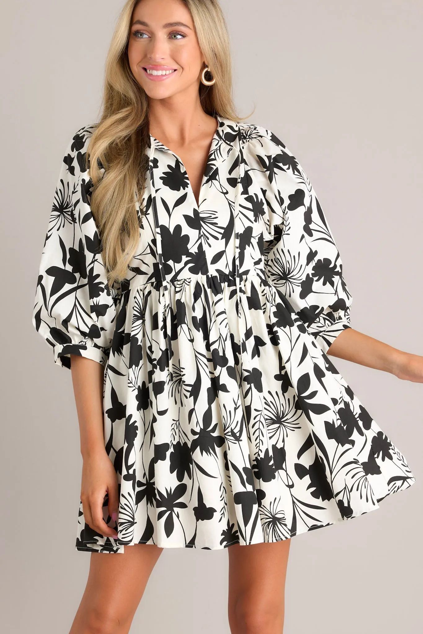 Chasing Sunsets 100% Cotton Black & White Floral Mini Dress