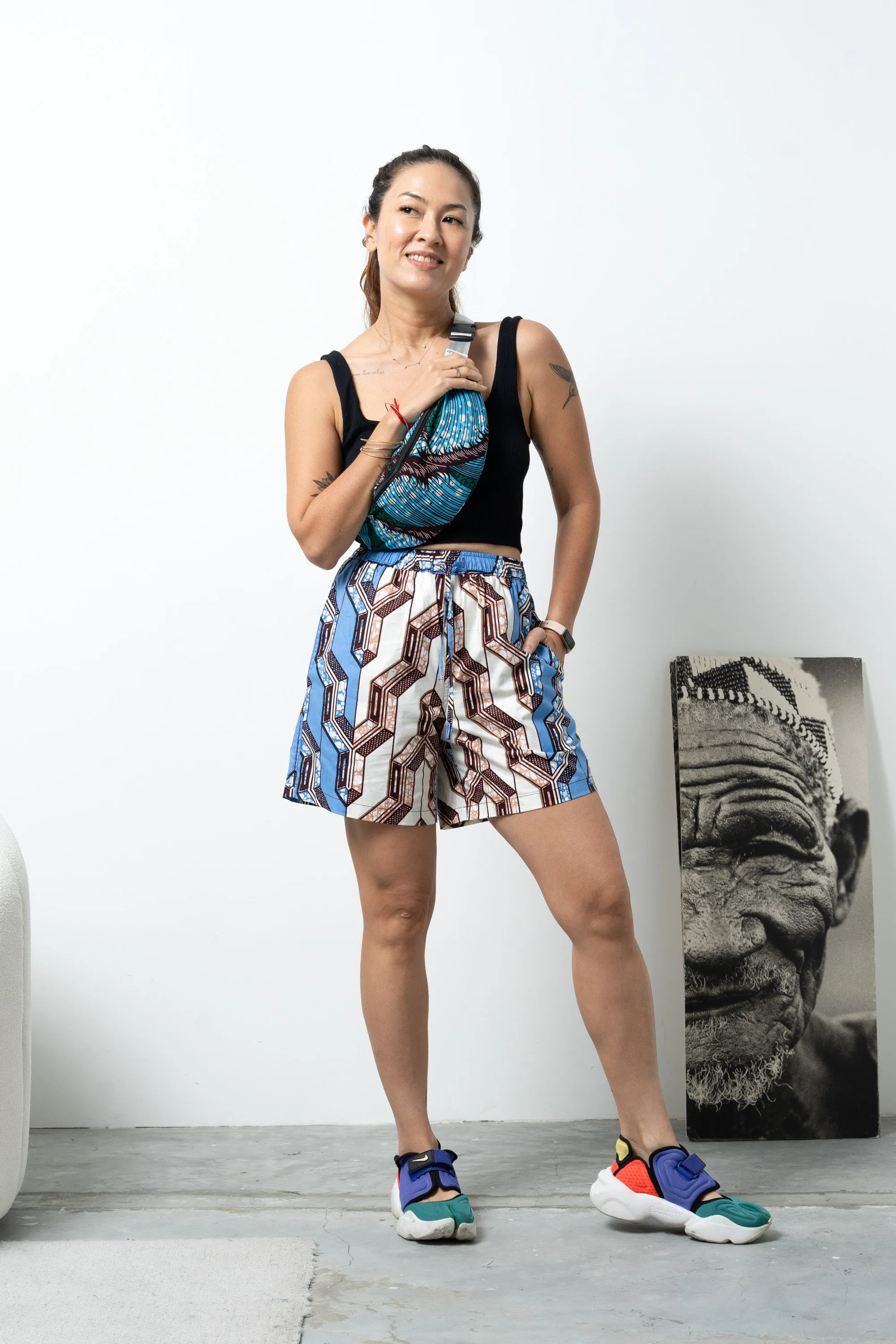 Chinny Shorts - Mix Match Pink and Blue African Ankara Wax Cotton Print