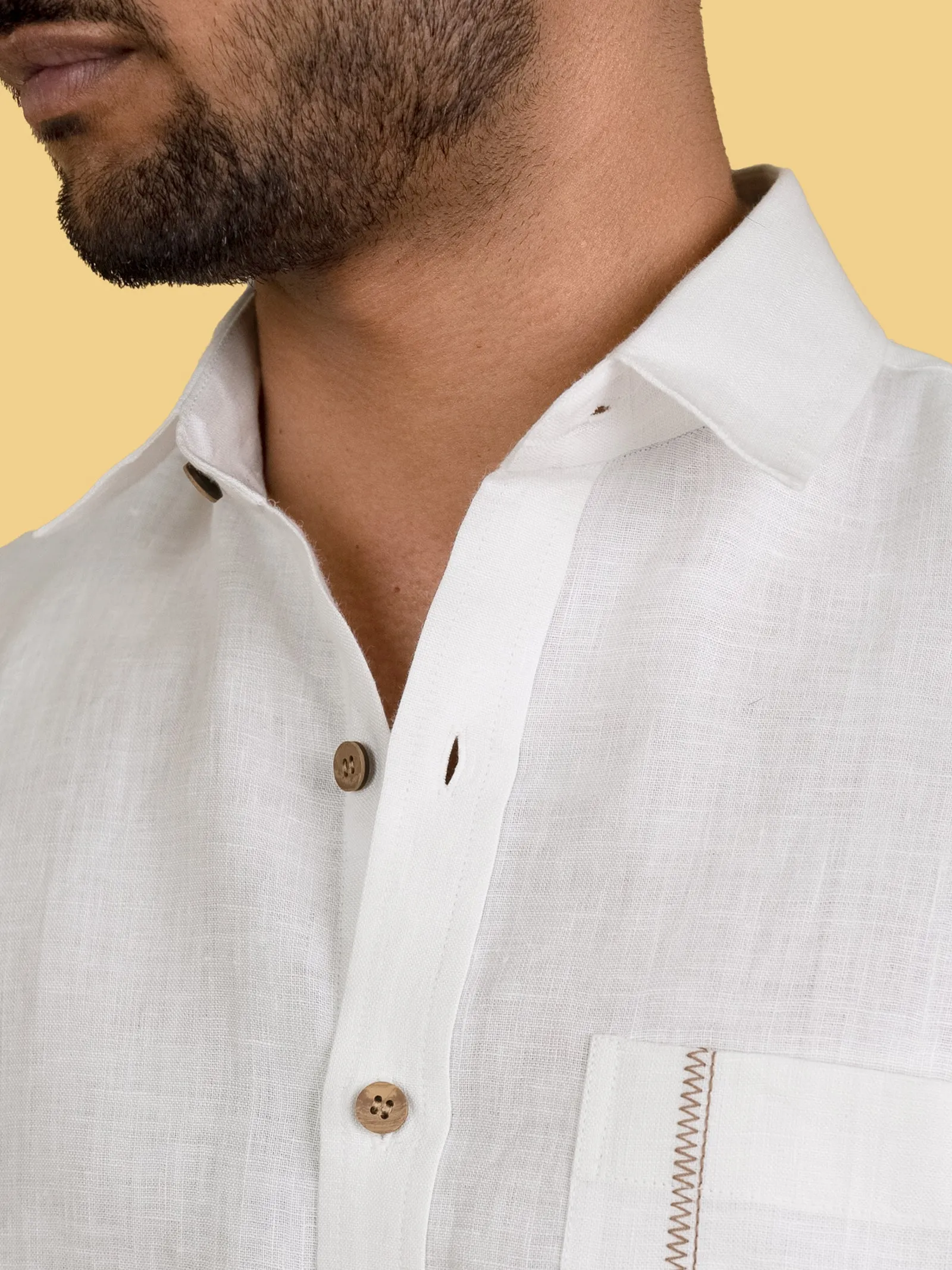 Colin - Pure Linen Pocket Detailed Half Sleeve Shirt - White