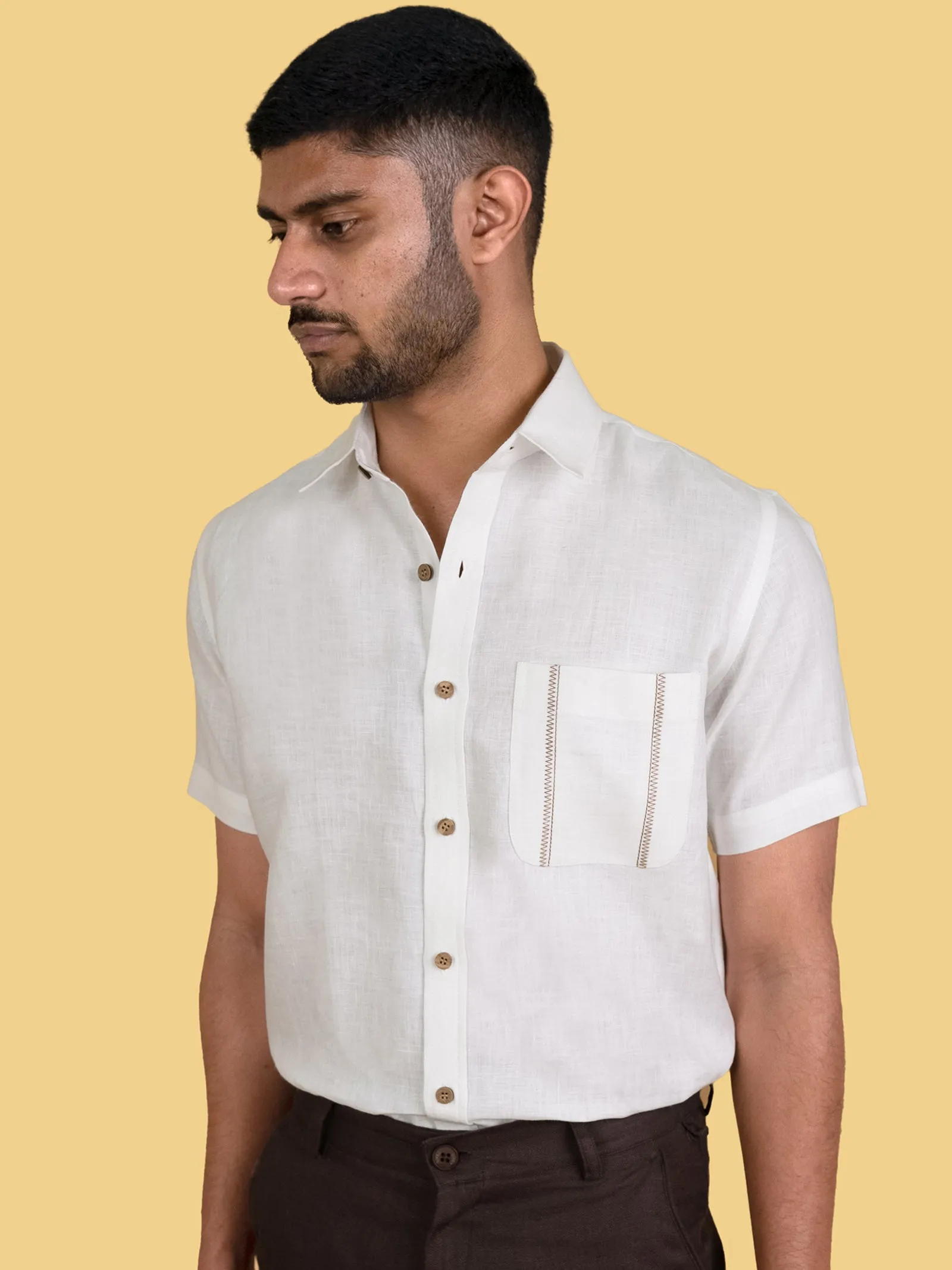 Colin - Pure Linen Pocket Detailed Half Sleeve Shirt - White