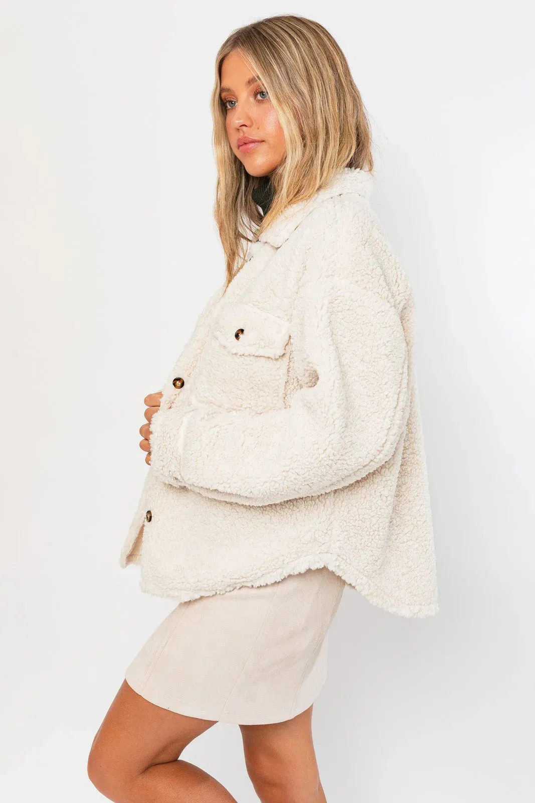 Collared Front Pocket Cozy Teddy Sherpa Shacket