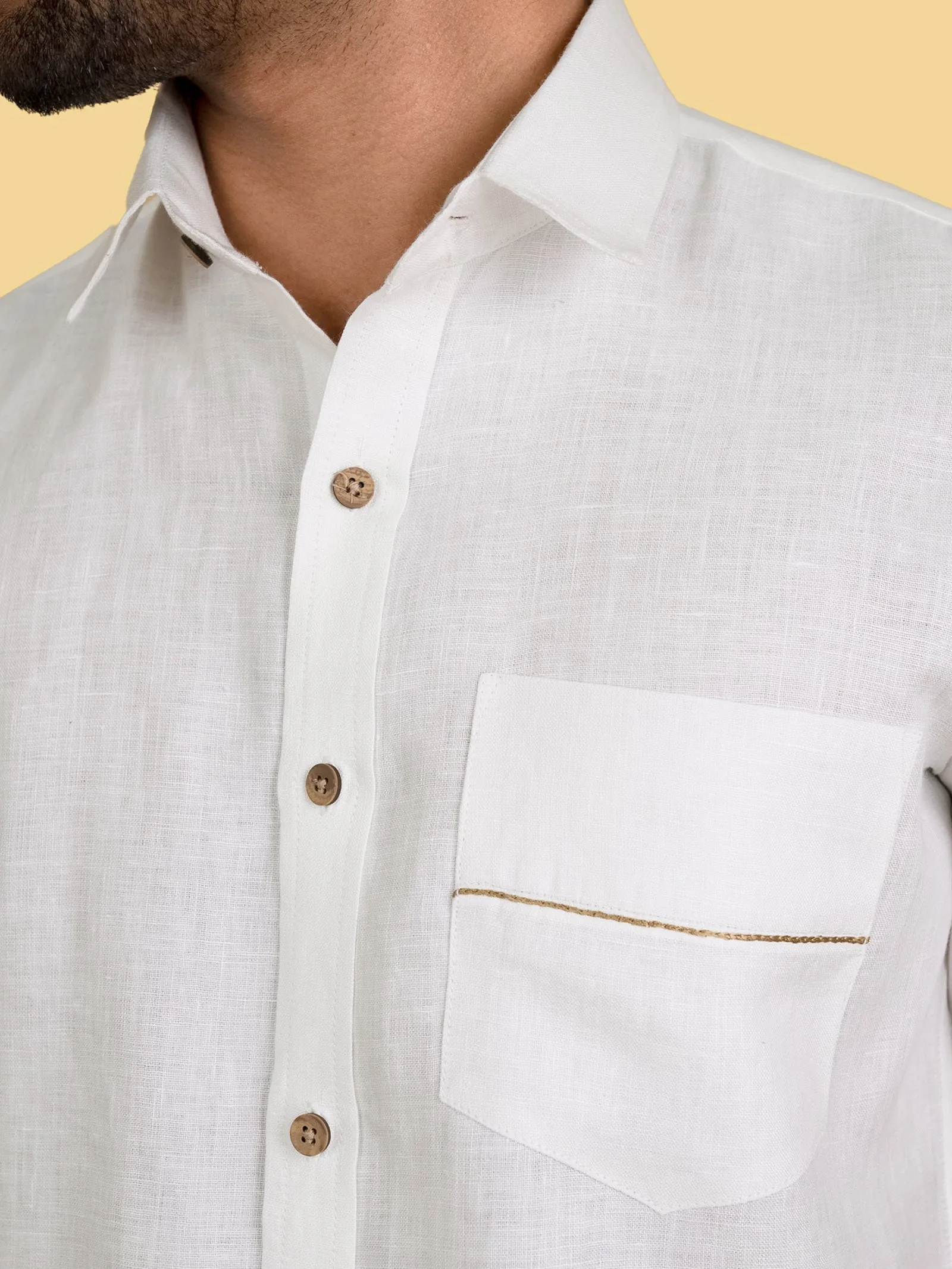 Cornes - Pure Linen Pocket Detailed Half Sleeve Shirt - White (Factory Rescue)