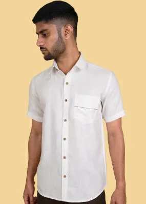 Cornes - Pure Linen Pocket Detailed Half Sleeve Shirt - White (Factory Rescue)