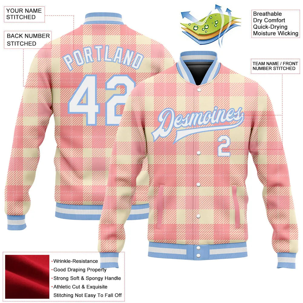 Custom Medium Pink White-Light Blue Classic Western Plaid 3D Pattern Design Bomber Full-Snap Varsity Letterman Jacket